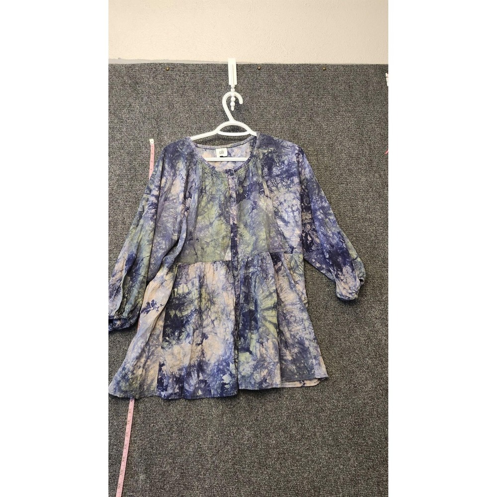 CAbi Blouse Womens L Blue Floral Tie Dye Button Front 3/4 Sleeve Tunic Top Boho